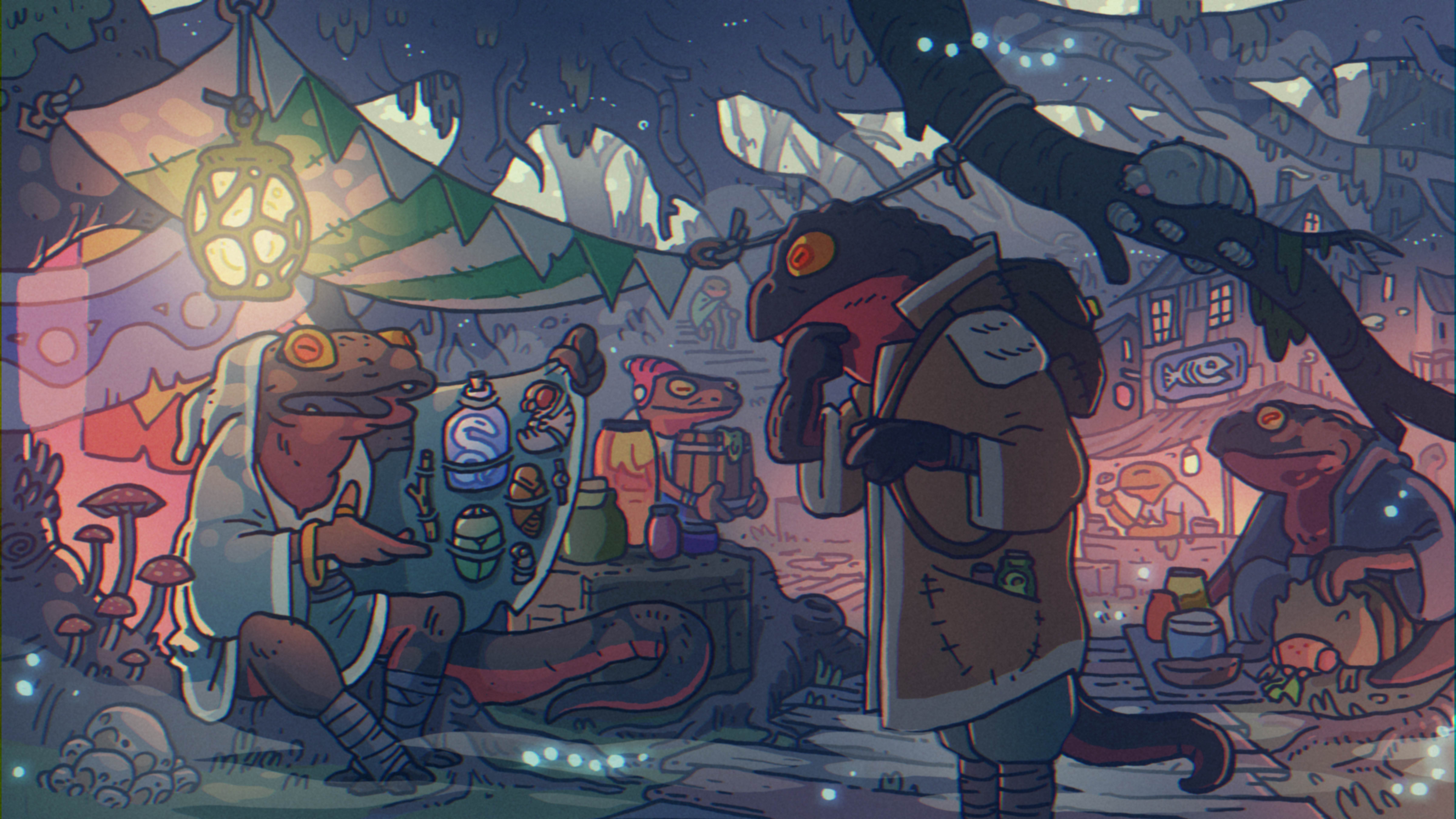 A newt night market, with potions, illegal artifacts and shady characters